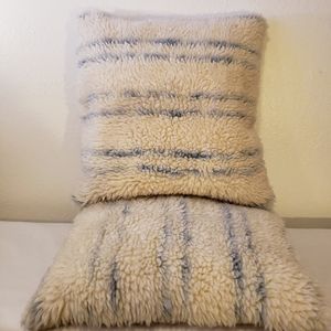 Pottery Barn Ivory and Blue Striped Shag Wool Pillow Covers